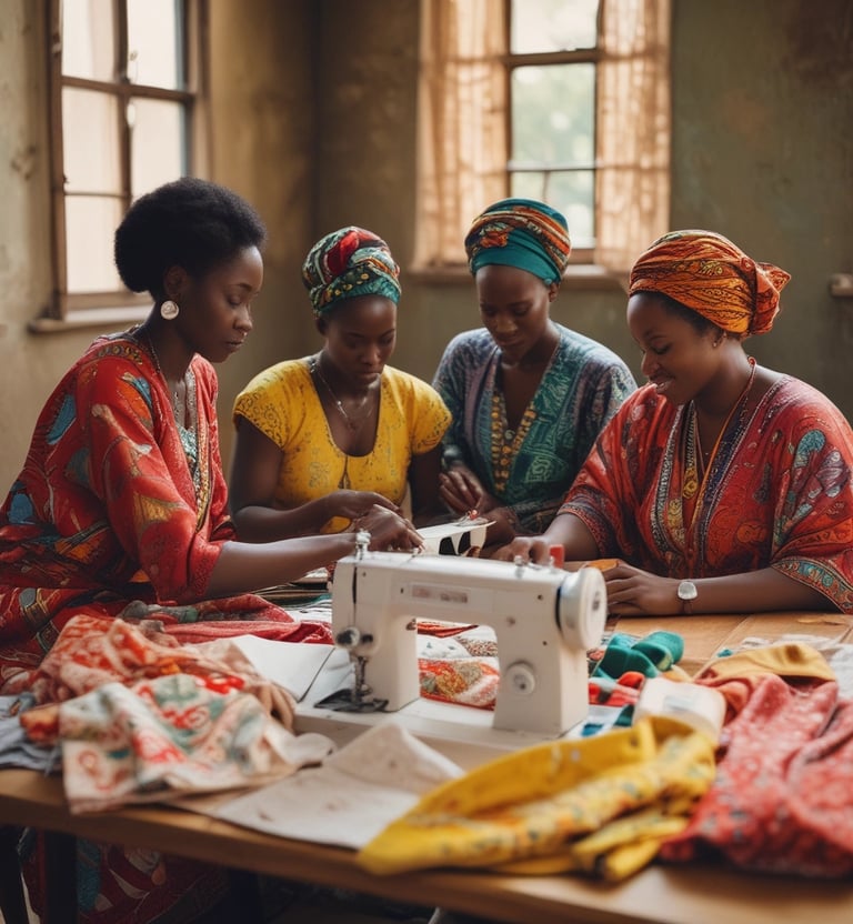 A smiling woman in rural South Africa stitching a bag by hand.