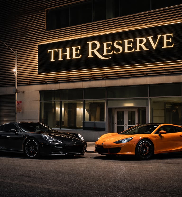 Black Porsche and orange McLaren luxury sports cars parked outside The Reserve building at night.