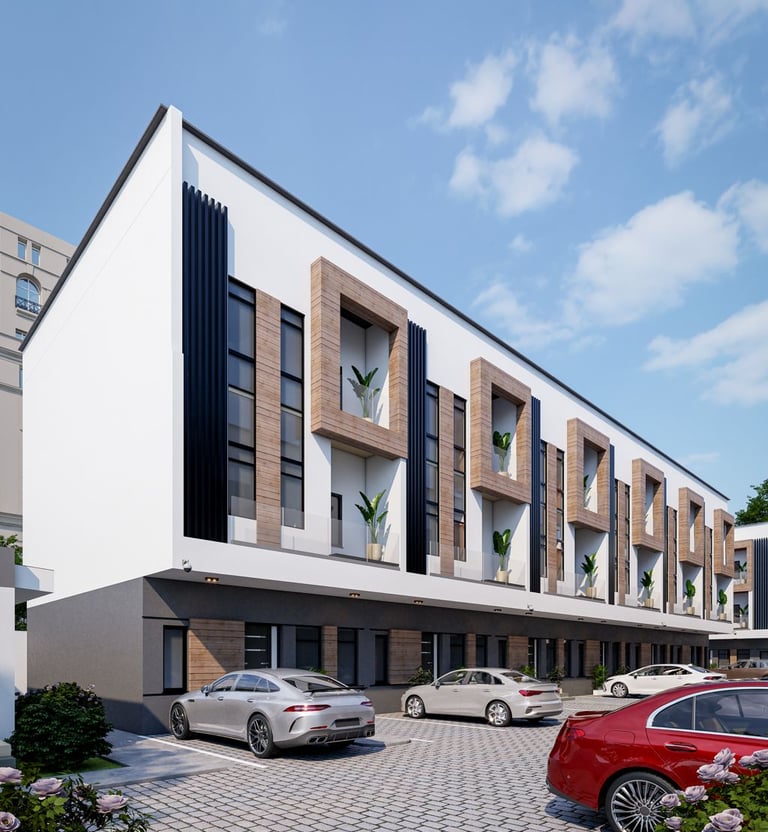 a modern apartment building with a parking lot and a lot of parking space