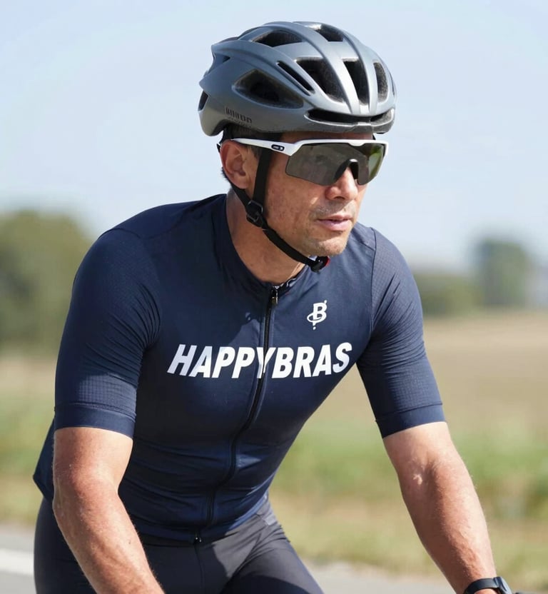 Urban cyclist riding through a vibrant city street wearing happybras gear
