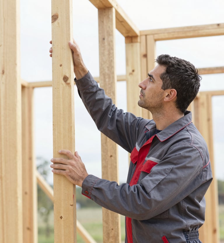A high-contrast portrait of a restoration expert in a clean uniform inspecting structural wall framing, bright natural daylight, detailed, professional.