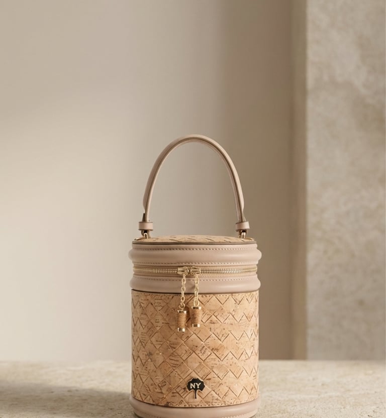 Elegant cylinder cork handbag with a top handle and gold zipper detail on a stone surface.