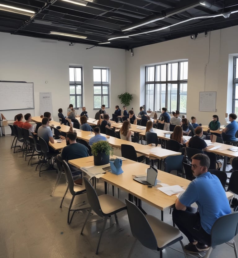 A group of people setting up donation booths with colorful banners