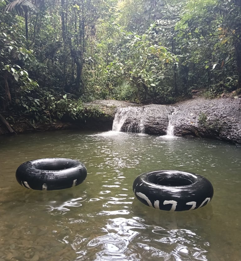 Black inner tubes floating in a tropical river pool near a small jungle waterfall.