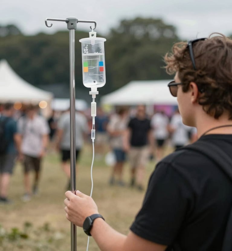 A smiling nurse gently administering an IV drip to a relaxed festival-goer outdoors.