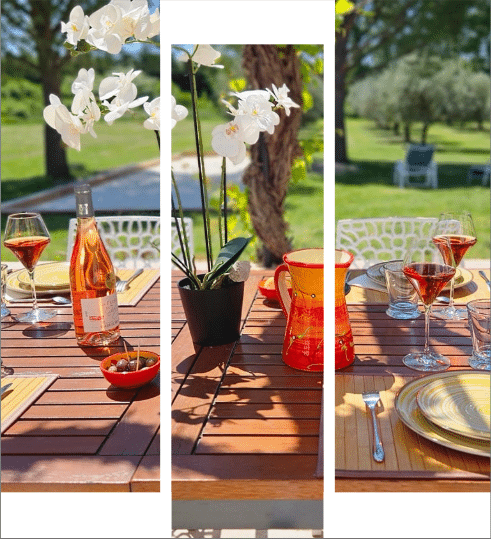 image en 3 parties de la grande table extérieur dressée pour les repas du soir en terrasse avec vue 