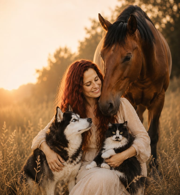 Marion avec son chat, chien et cheval dans une prairie dorée avec un coucher de soleil. Ils sont autour d'elle.