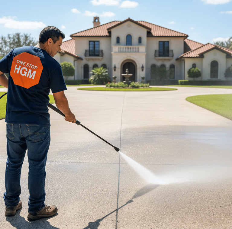 a man is using a pressurer to clean a driveway