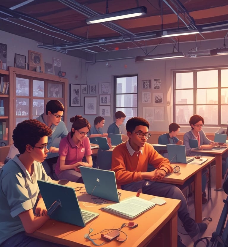 A classroom setting with several students seated at individual desks, all facing a teacher standing near a blackboard. The room has simple furniture and chalkboards with illustrations, including a map of Africa and drawings of a cow and tree.