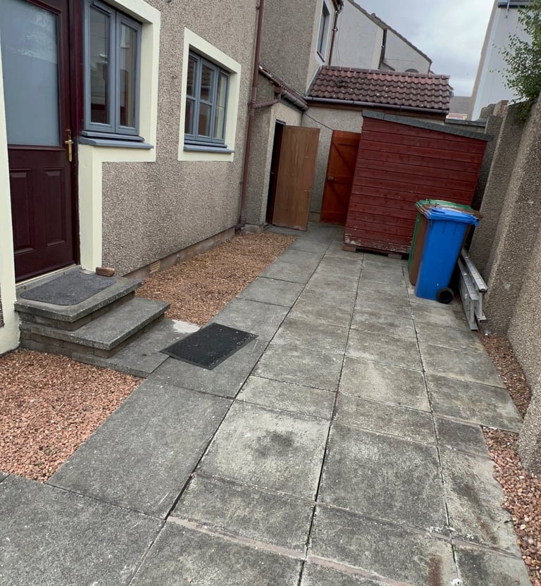 A back garden with masonry painting
