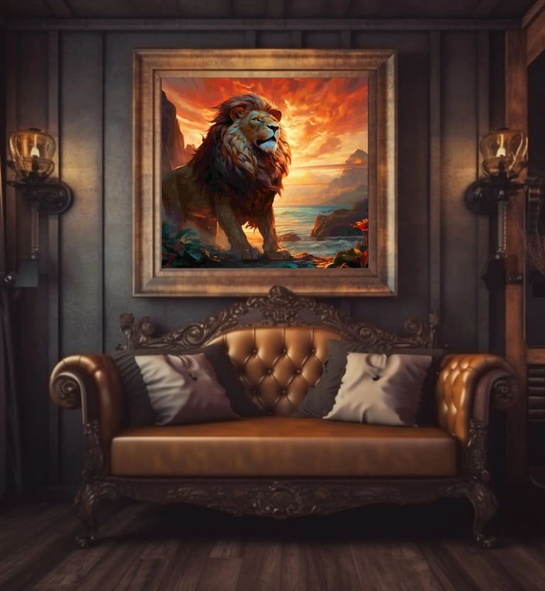 a couch with a painting of a lion in a room