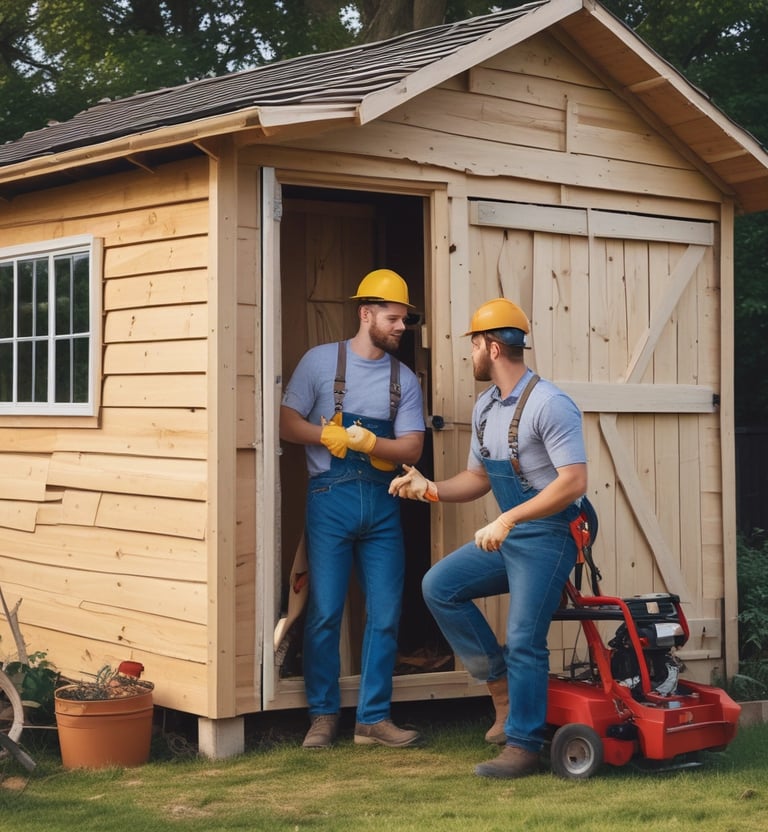 A close-up of a person's hands using a chisel and hammer to remove wood from a door frame. The visible hand is holding a yellow-handled chisel, while the other grips a worn wooden mallet. The door frame is brown, and there are visible wood shavings.