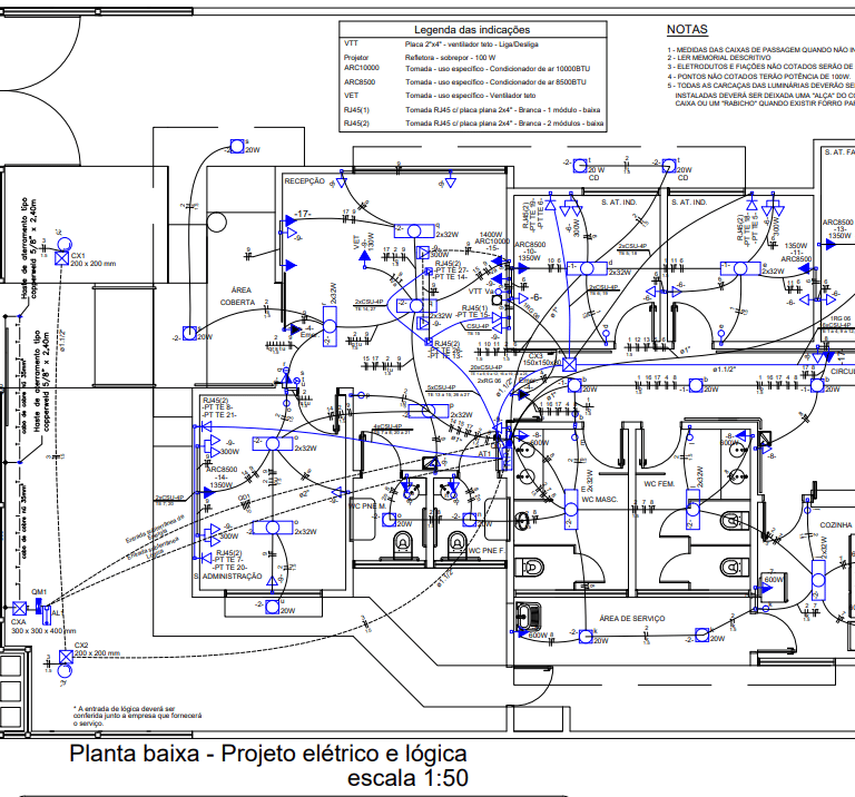 Planta baixa de projeto elétrico e lógica