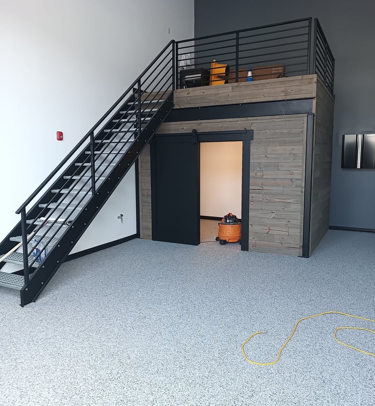 Stairs, Stair Rails, Railings, Mezzanine and Storage closet with Barn Door