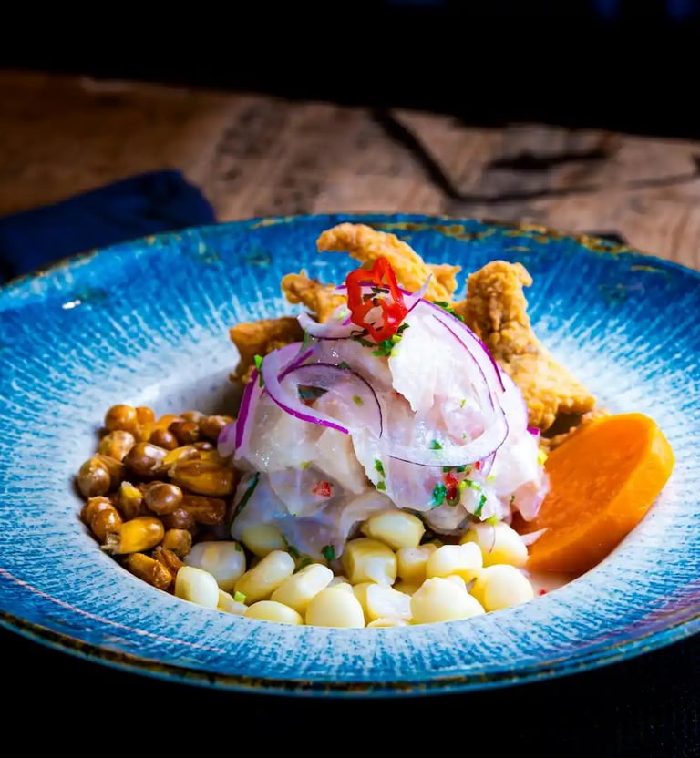 a plate of seafood in ceviche restaurant in Lisbon, Portugal