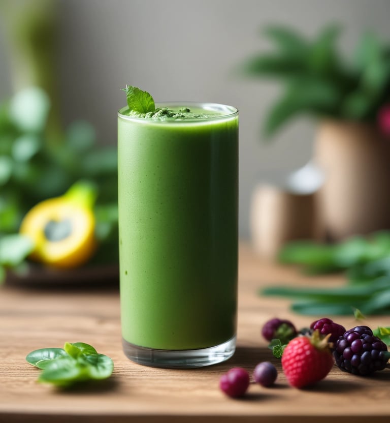 A clear glass jar filled with a brown smoothie and a straw is placed next to a bottle labeled 'Ningxia Red' and a small bottle of essential oil. The background features green potted plants, adding a fresh and natural aesthetic.