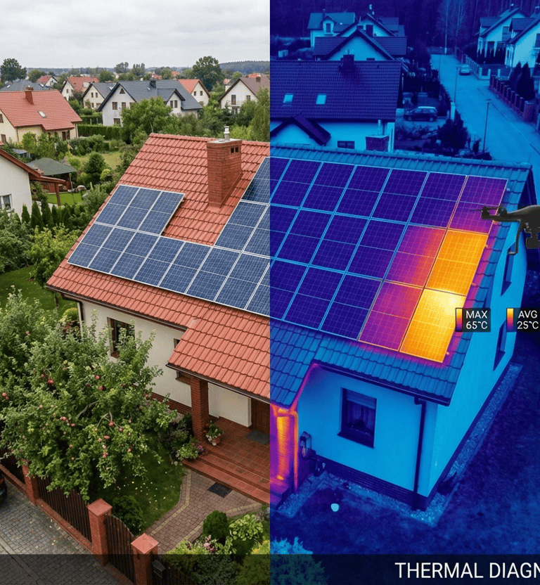 Termowizja paneli fotowoltaicznych z drona – obraz RGB i termiczny