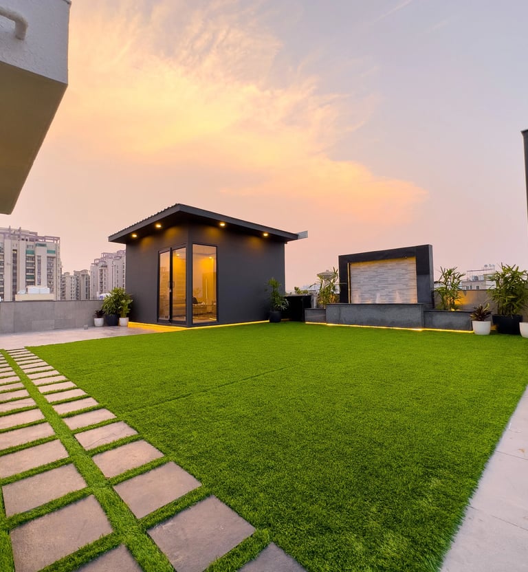 Beautiful terrace garden with pergola and hanging plants