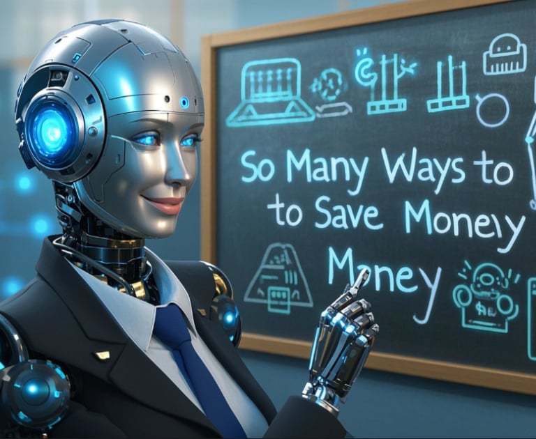 ai female robot business suit writing on chaulk board so many ways to save money 