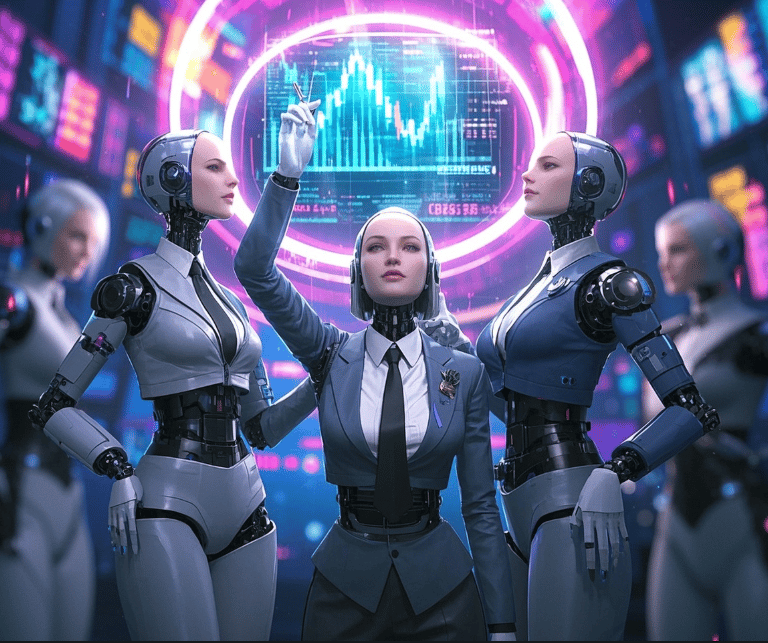 ai female robots business suits trading on the stock market.