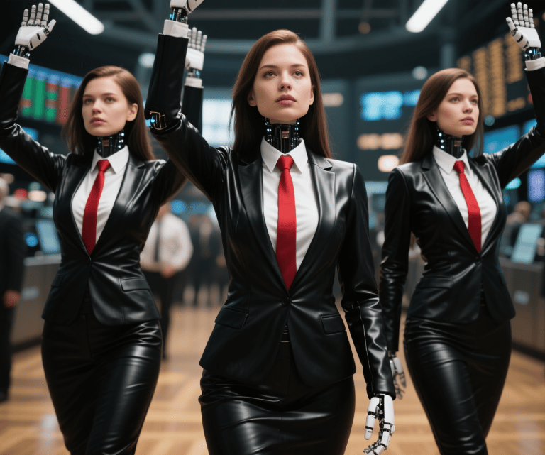three women in leather suits with a red tie signaling stock traders