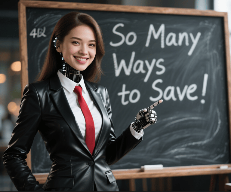 a woman in a leather jacket and a red tie chalk board says so many ways to save