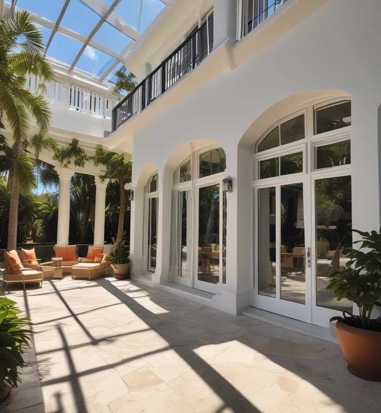 Two window cleaners are suspended by ropes, working on cleaning the glass windows of a tall building. Each cleaner is equipped with tools and a bucket, skillfully moving along the facade with safety harnesses. The building features reflective blue-tinted glass panels, creating a striking geometric pattern.