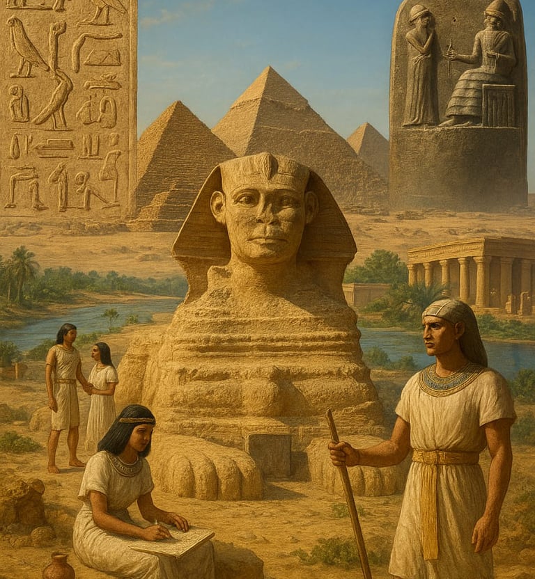 Ancient Egypt pyramids, Sphinx, and hieroglyphs illustration.