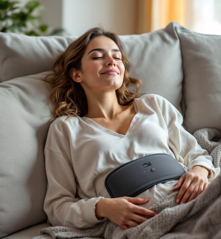 a woman laying on a couch with a heating pad on her stomach