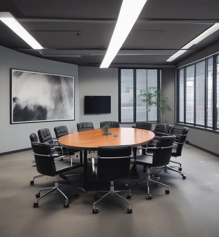 An empty office space with multiple workstations, each equipped with black office chairs and light-colored dividers. Large windows at the far end of the room show an outside view of buildings and a chimney, with a backdrop of a cloudy sky.