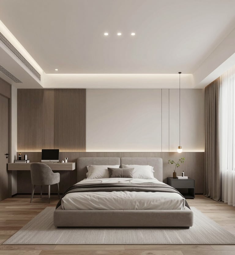 Cozy bedroom interior featuring warm tones and elegant furniture