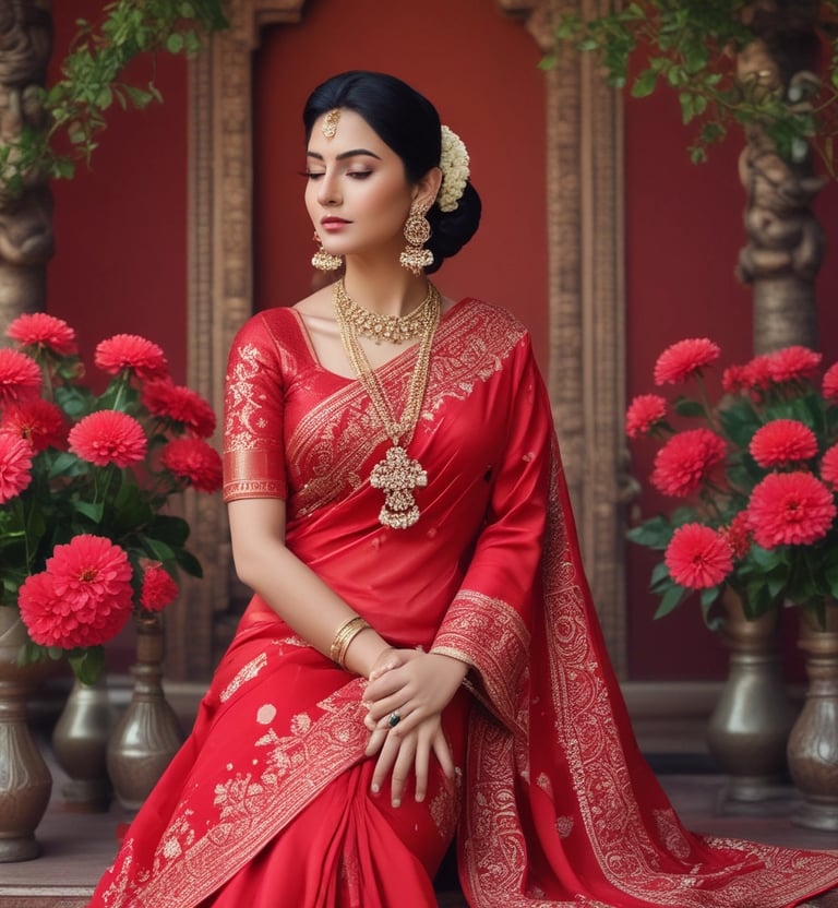 A woman stands in a busy urban setting, wearing traditional clothing with intricate patterns. She is wrapped in a shawl and appears to be holding a small object. The background shows other people walking and sitting, with a large building featuring classical architectural elements.