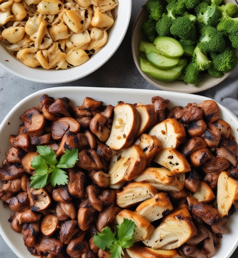a plate of mushrooms and broccoli on a table