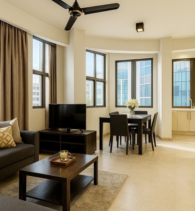 Modern open plan living room and dining area with dark wood furniture and large windows.