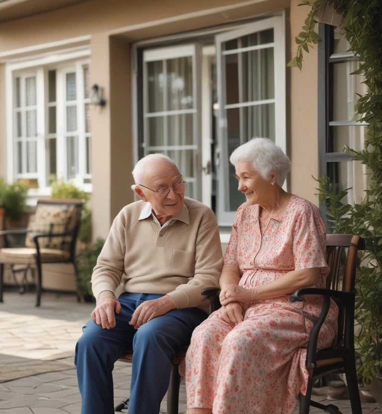 An elderly man smiling while a professional nurse adjusts his blanket in a bright room