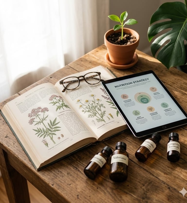 A flat-lay photograph of botanical books, and herbal remedy bottles at The Sleep Coach in Petawawa