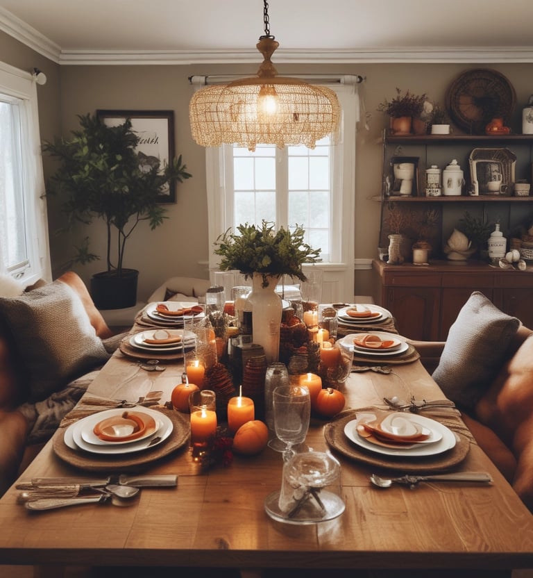 A beautifully set dining table with friends enjoying a meal together.