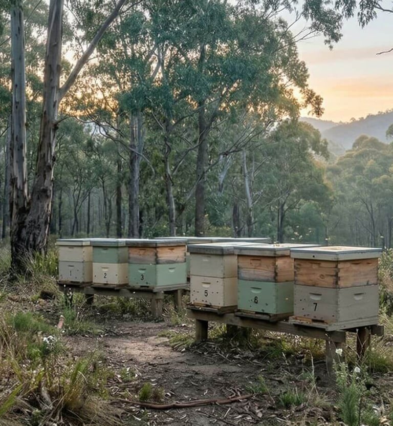 beehives in a pristine eucalyptus forest