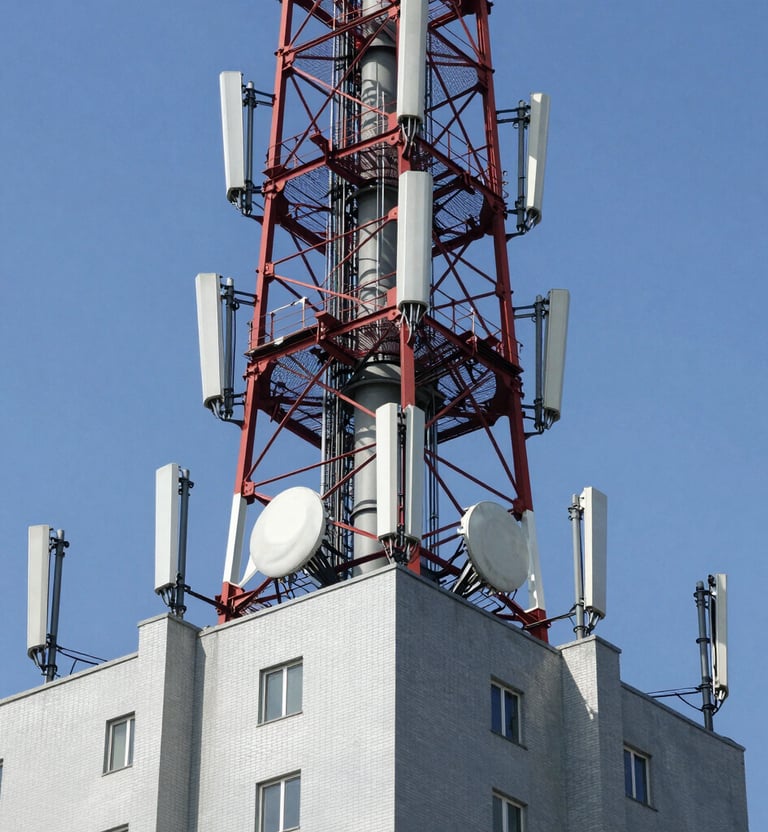 Technician adjusting radio equipment on a rooftop with city skyline in the background