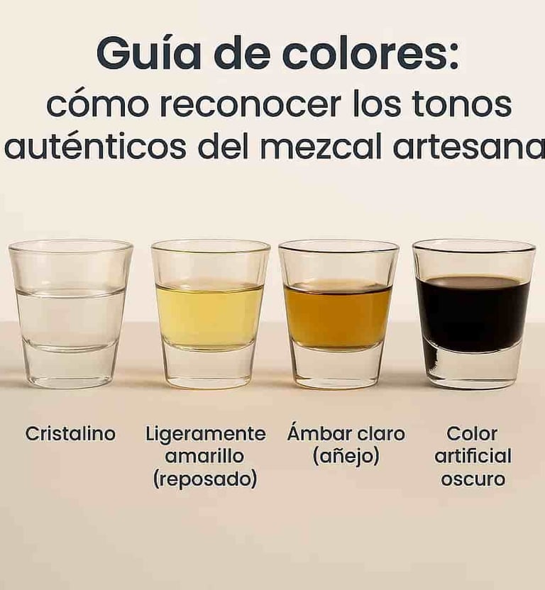 Comparación de colores auténticos del mezcal vs color artificial oscuro en copas de catación