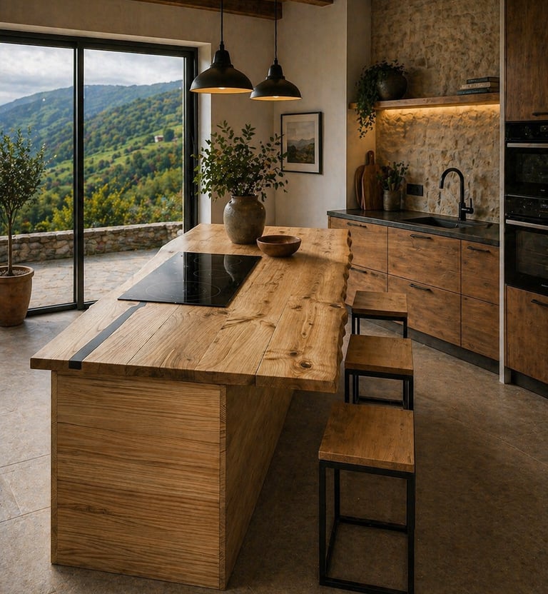 Isla de cocina de madera maciza.