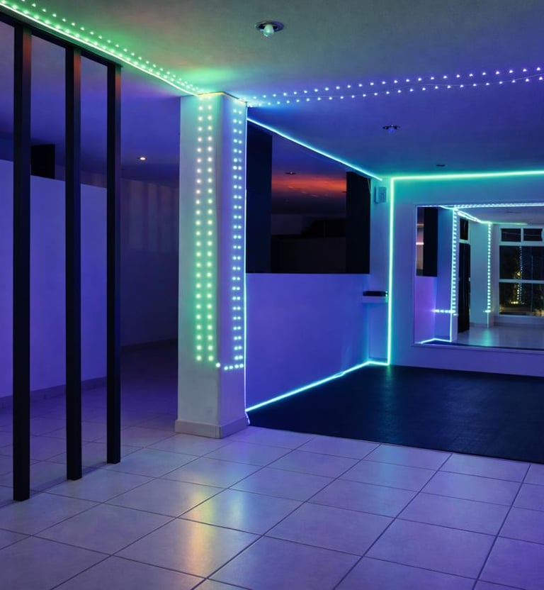 Estudio moderno con iluminación LED azul y verde, espejos grandes y piso de goma negra.
