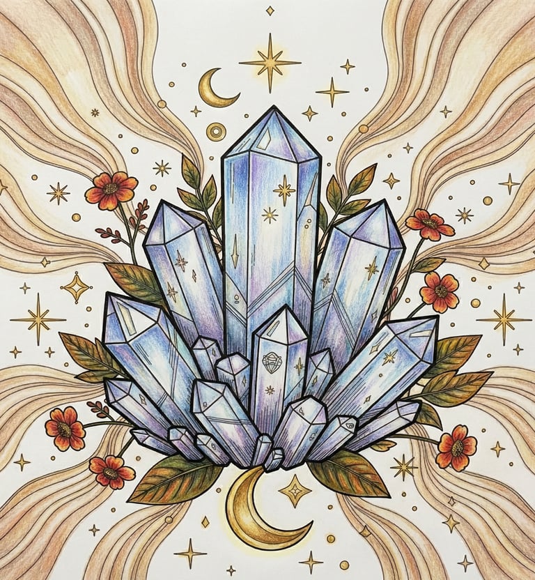 finished coloring page of crystals and flowers