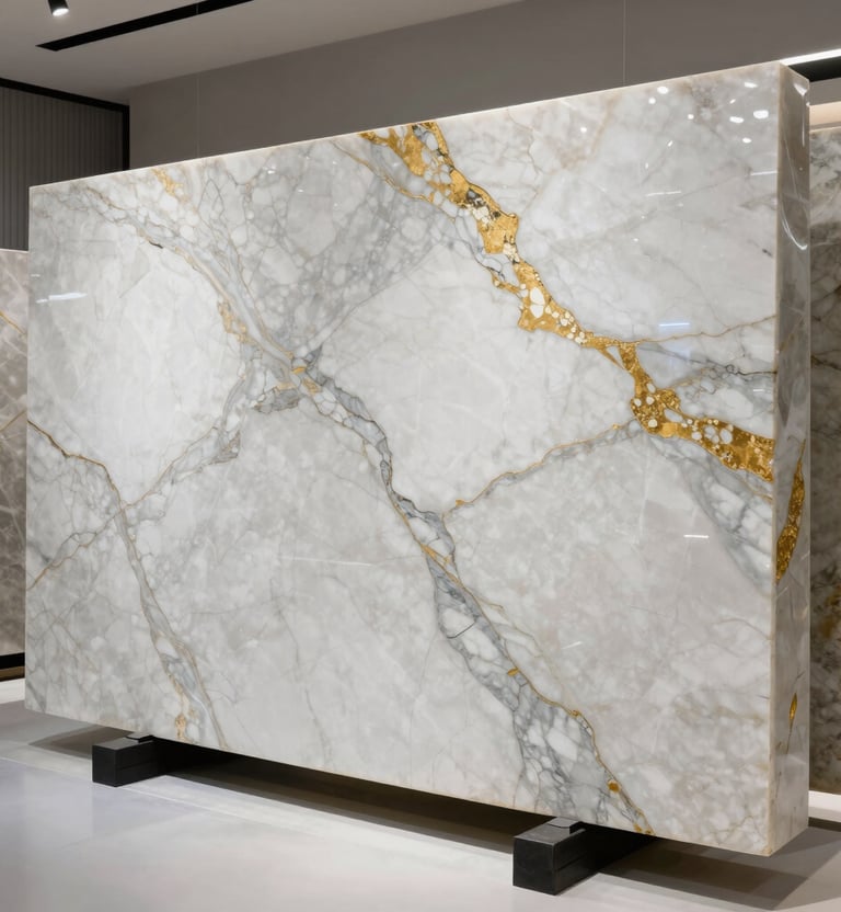 A rich, deep green quartzite slab with intricate swirling patterns, illuminated by soft lighting.