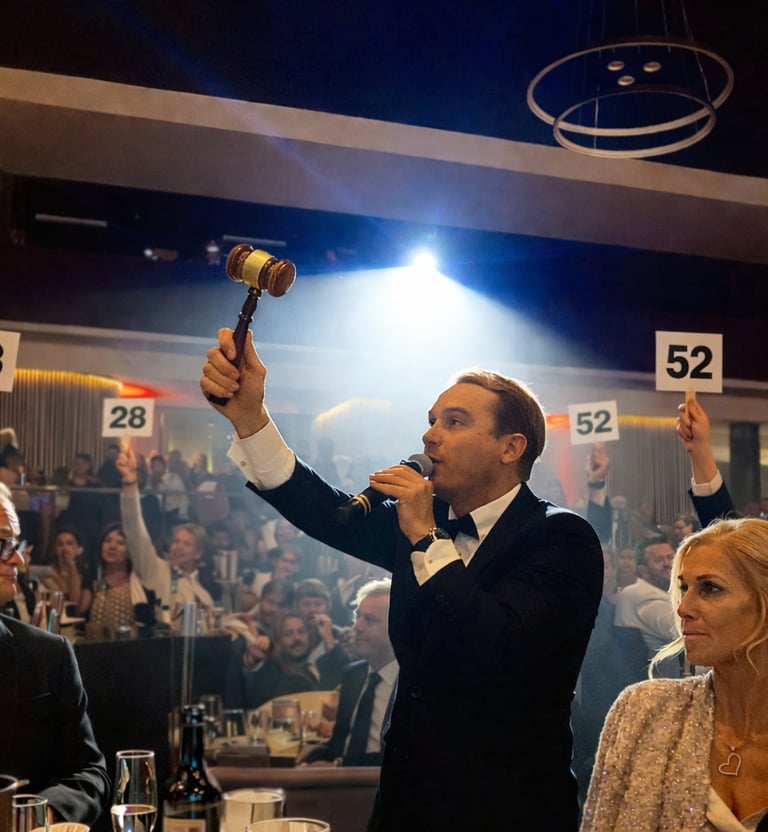 Gala Auctioneer Craig Rosie leading a high-energy Paddle Raise with multiple donor paddles