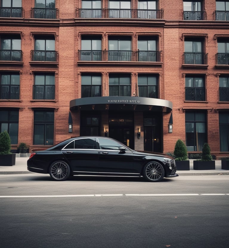 2023 black Mercedes Benz S-Class parked in front of fance NYC hotel