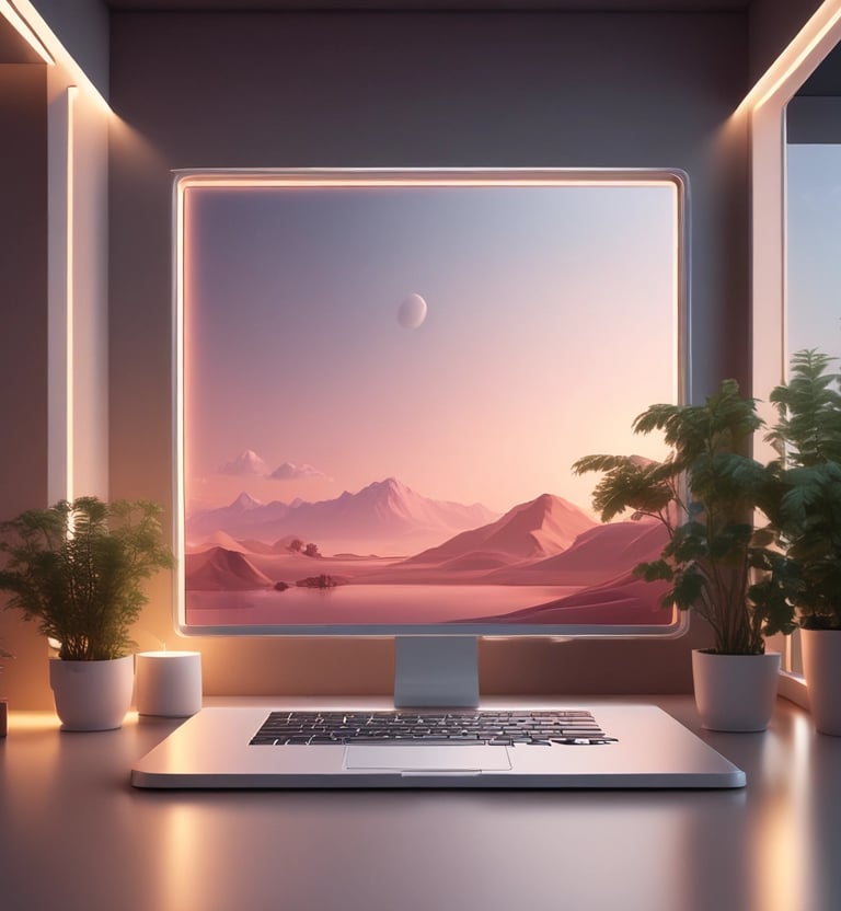 A modern, organized workspace featuring a large monitor displaying graphic design software alongside a laptop with a vibrant logo. A sleek keyboard and mouse are positioned on the desk, which also holds small decorative items and a desk lamp. A bookshelf with colorful books is visible nearby.