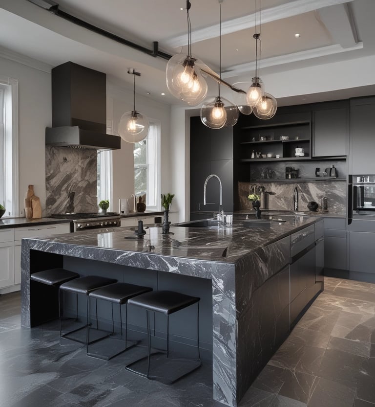 a contemporary kitchen with a Italian marbled counter top