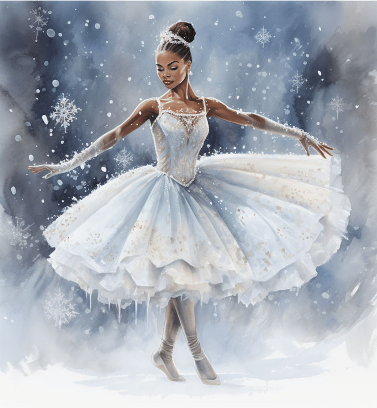 A graceful Black ballerina in a sparkling blue tutu poses elegantly amid falling snowflakes. 
