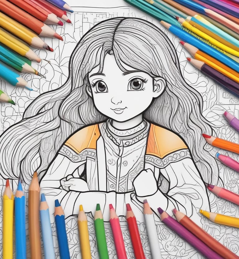 ebook mewarnai dengan karakter anak perempuan dengan pensil warna disekelilingnya